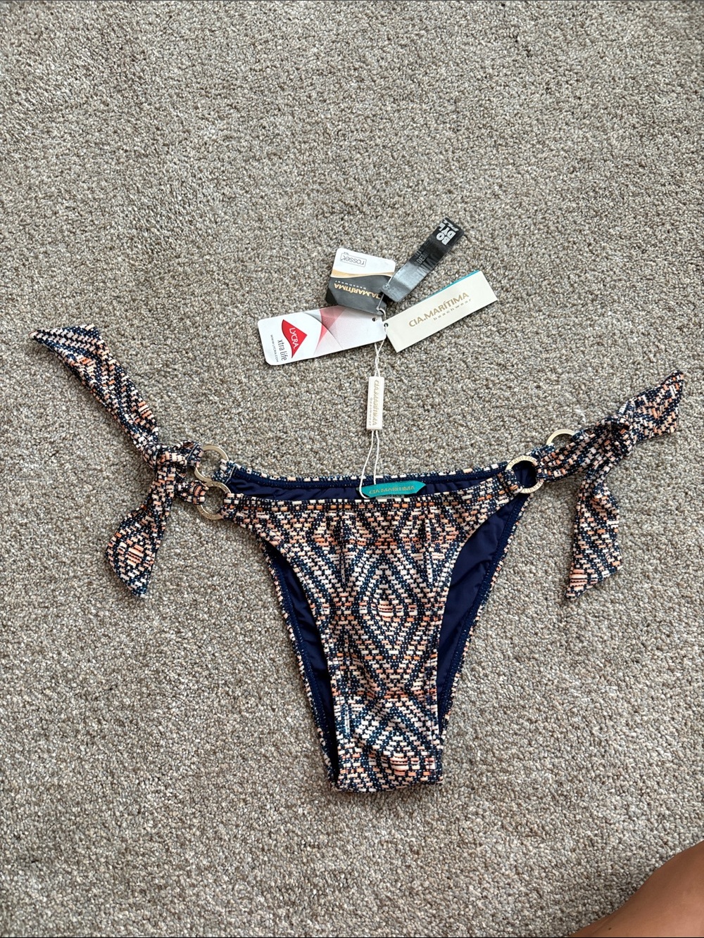 CIA MARITIME Navy & Coral Tie-Side Bikini Bottom - Gold Accents- Large *NEW*